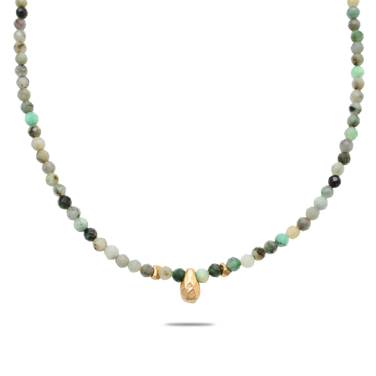 Front view of Golden Teardrop Moonstone Necklace showcasing faceted labradorite beads and golden teardrop pendant on a white background