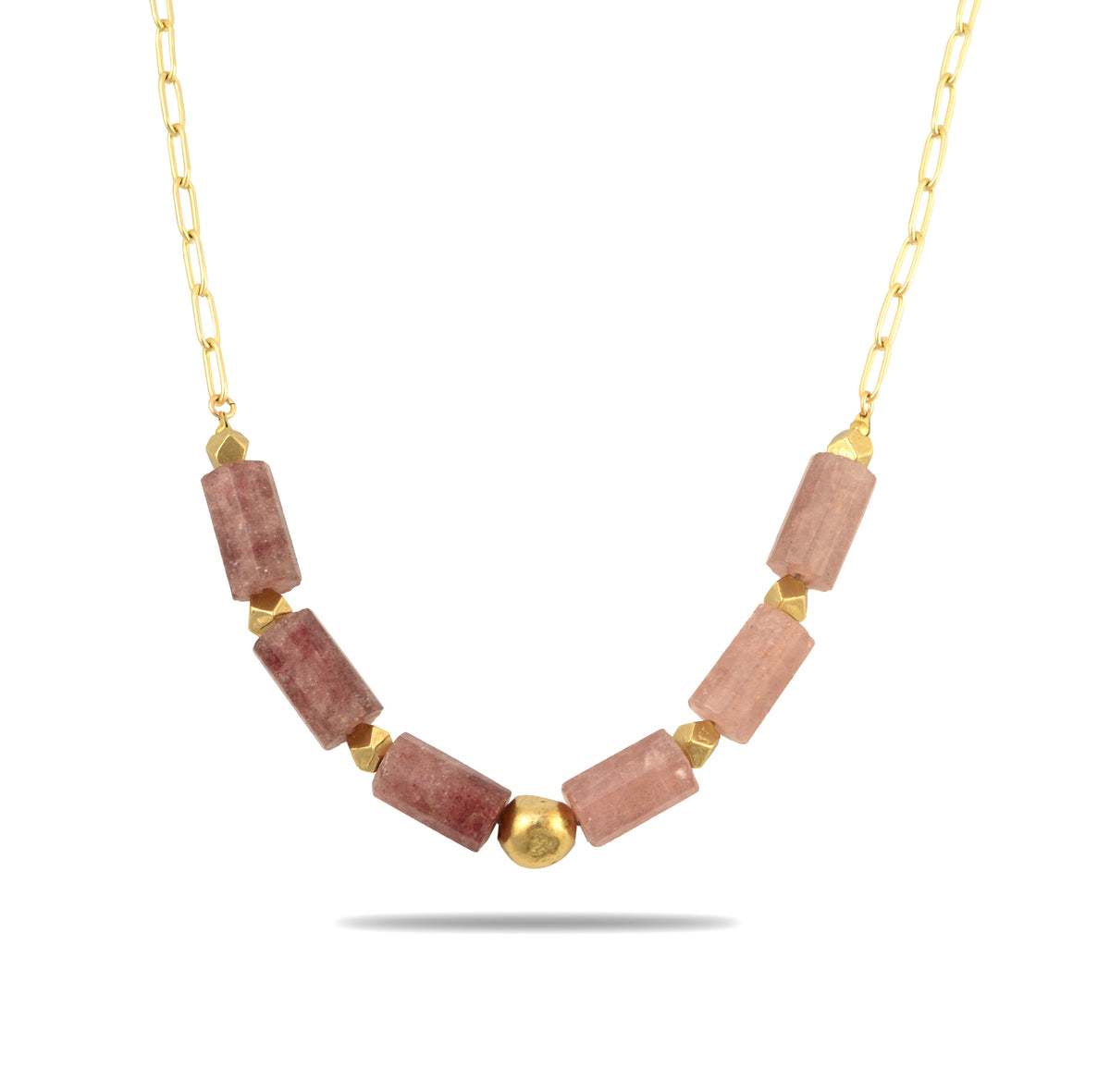 Front view of Strawberry Fields Necklace with strawberry quartz beads, bronze accents, and gold filled chain