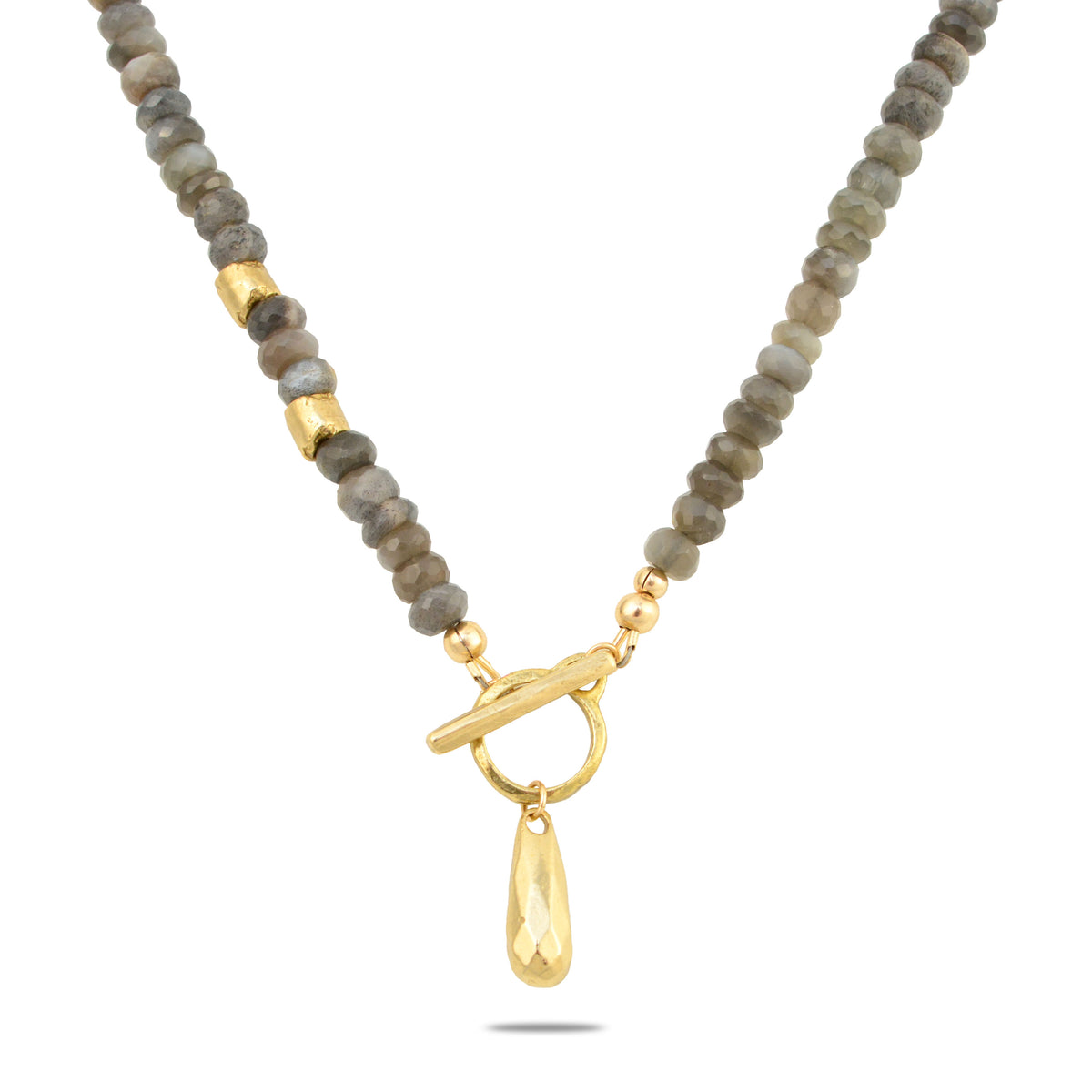 Front view of Golden Teardrop Moonstone Necklace showcasing gray beads, gold accents, and a teardrop pendant on a white background