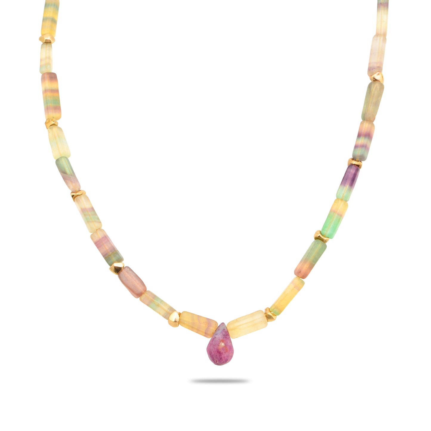 Front view of Ruby Teardrop Necklace showcasing multicolored fluorite beads and golden bronze beads with white background