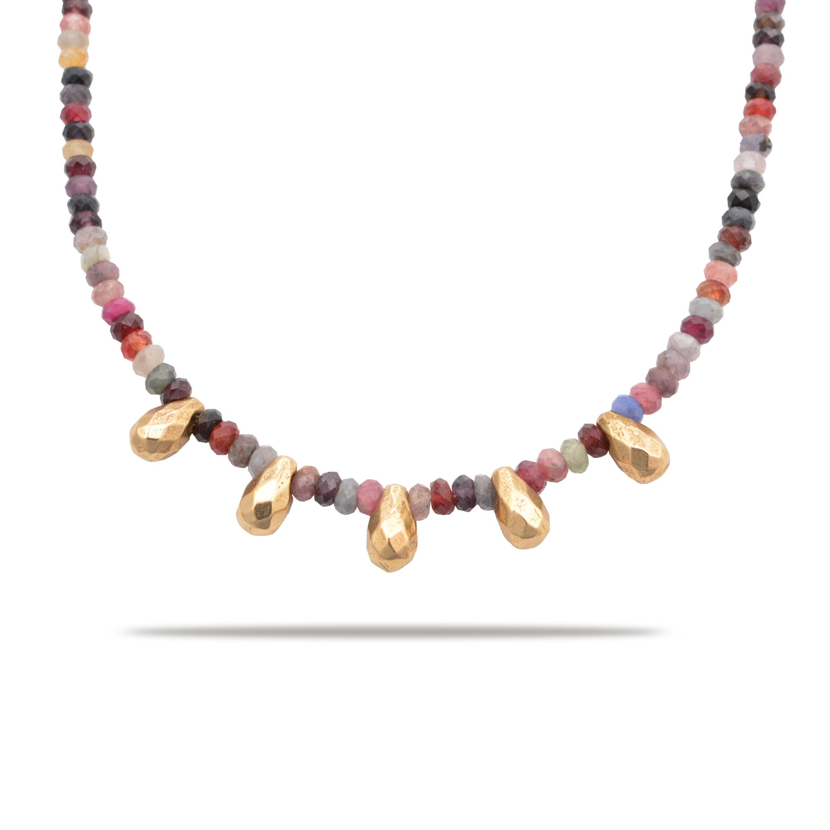 Front view of Spinel Teardrops Necklace showcasing faceted multicolored beads and gold teardrop pendants on a white background