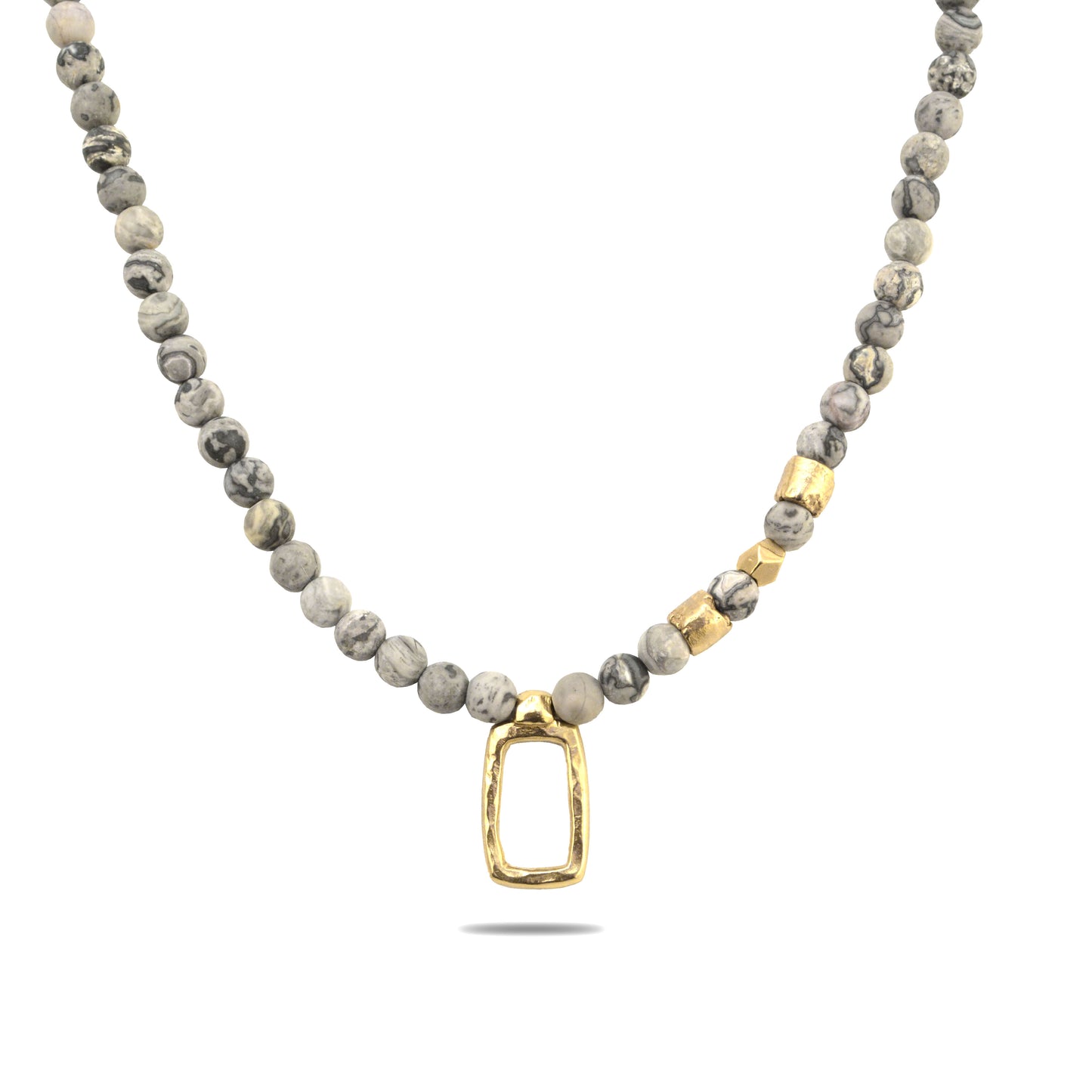 Front view of Frosted Window Necklace showcasing gray marbled beads and an open rectangular gold-tone pendant on a white background