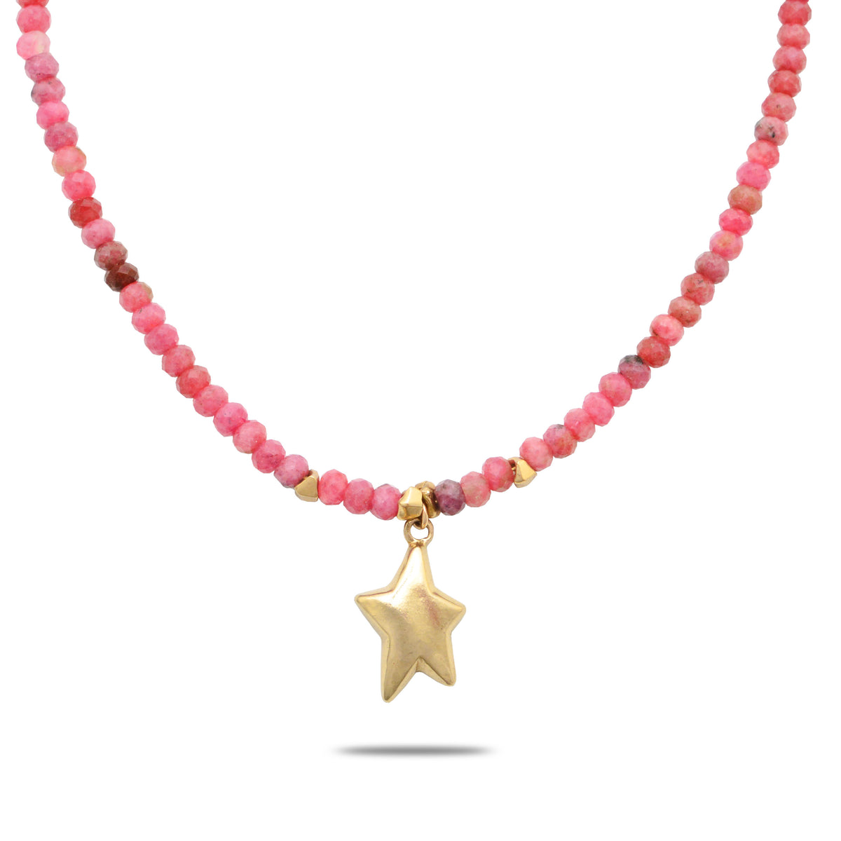 Front view of Golden Shine Necklace showcasing pink beads and gold star pendant with a white background