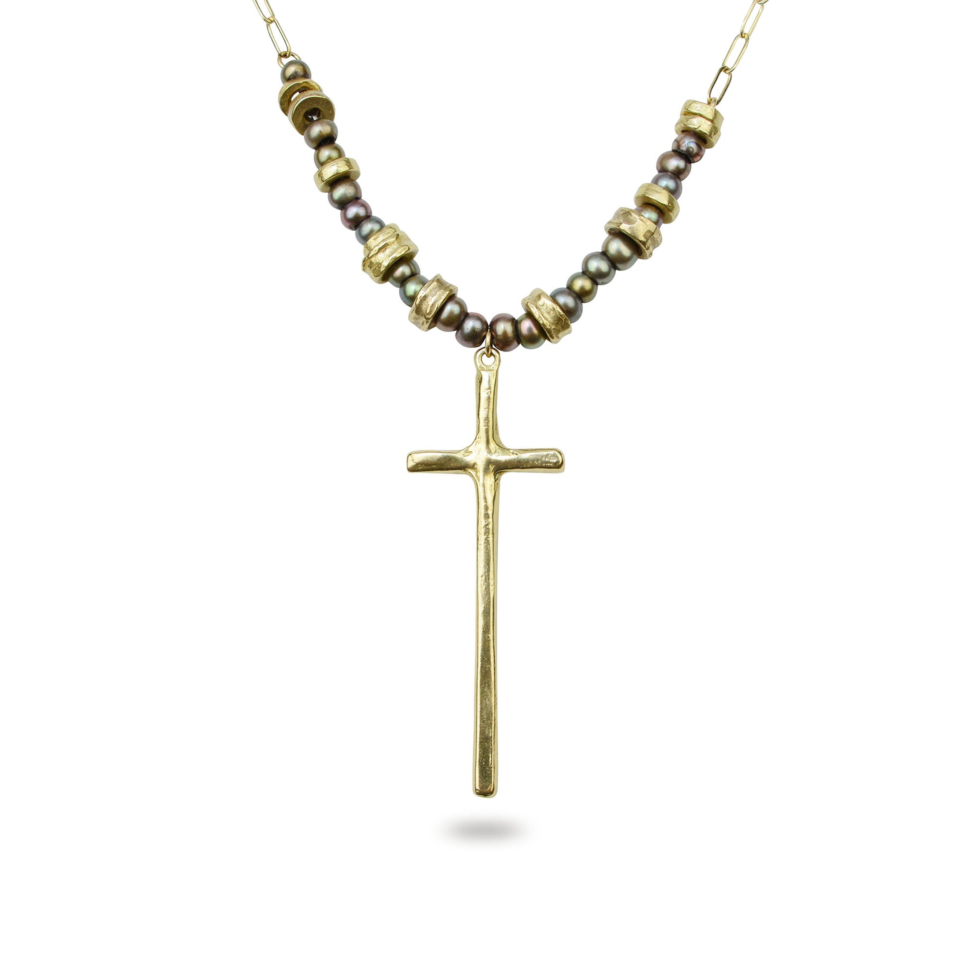 Grounded Bronze Cross Necklace Custom Made Jewelry by Collection 1304 for boutiques wholesale accounts NY Now Dallas Market